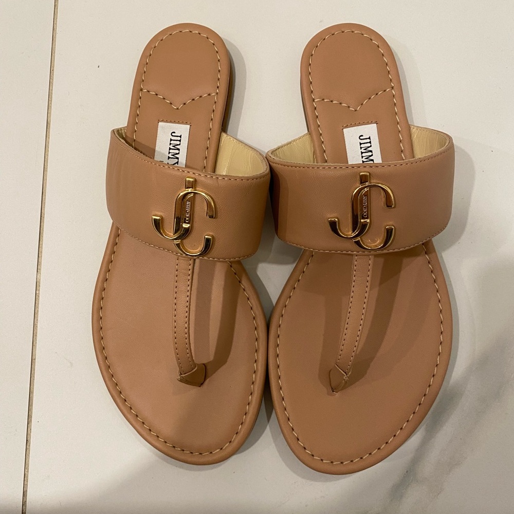 Jimmy Choo Brown Leather Sandals with Gold Logo